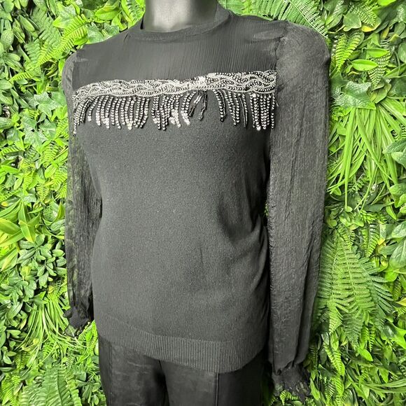 Ontwelfth Tops - Ontwelfth Tops Women XL Black Sweater Blouse With Sequins Sheer Sleeve‎  0145